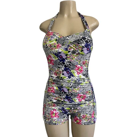 Floral Twist Front Halter Swimsuit Romper | Stretch Nylon Spandex Unique Print L - Picture 2 of 7
